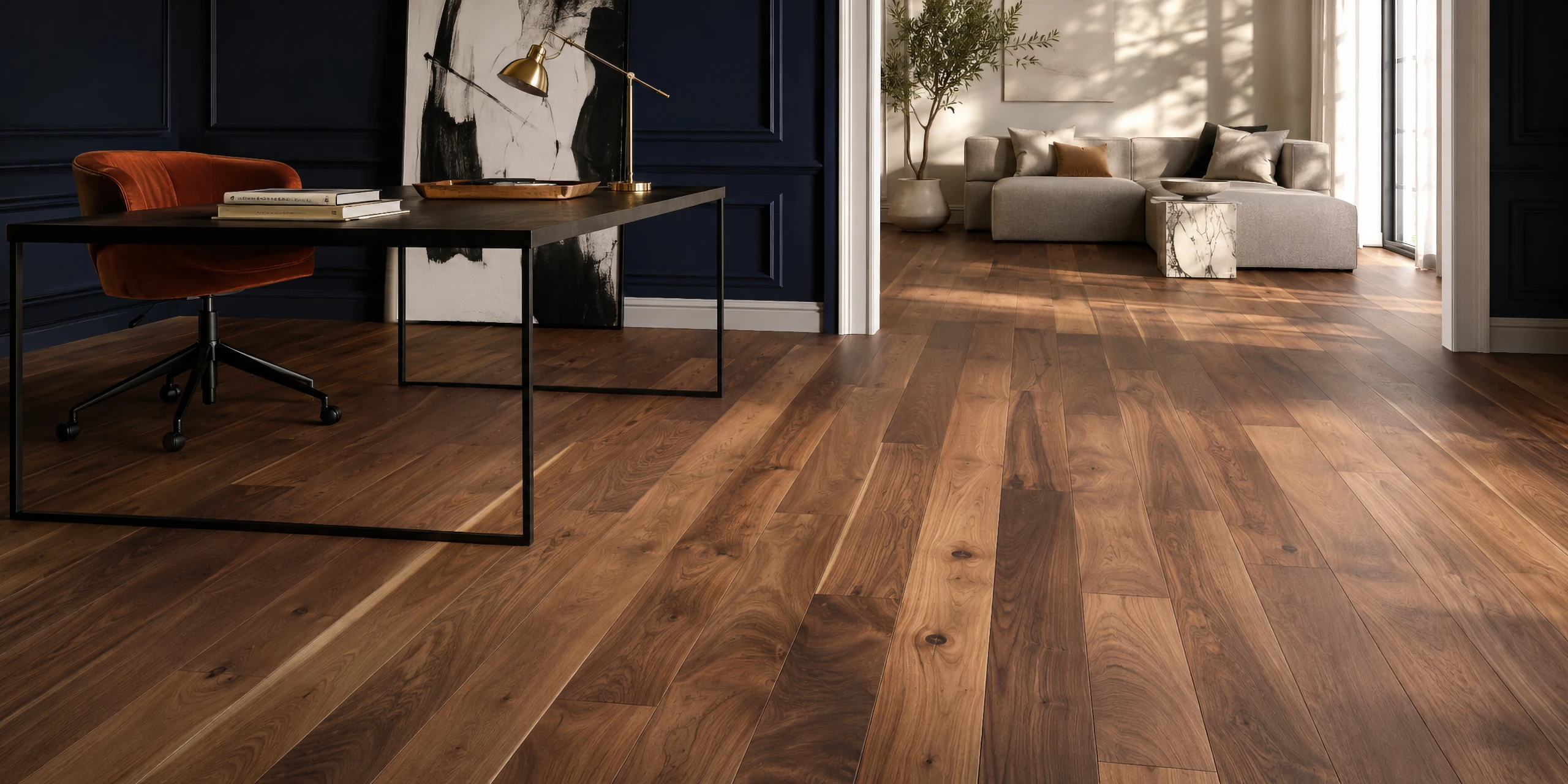 Dark walnut solid hardwood in a wood-paneled home office