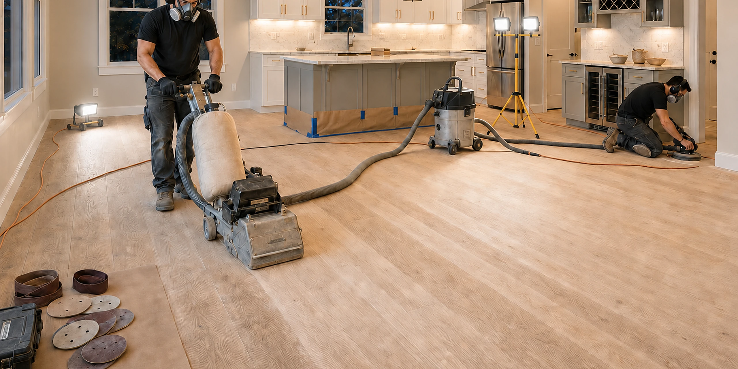 Riftline crew sanding a hardwood floor on site